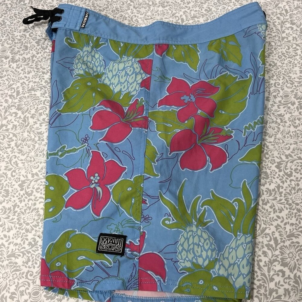 Maui & Sons Board Shorts Men’s 30 Tropical Floral Swim Trunks Blue Pink Hawaii - Picture 5 of 16